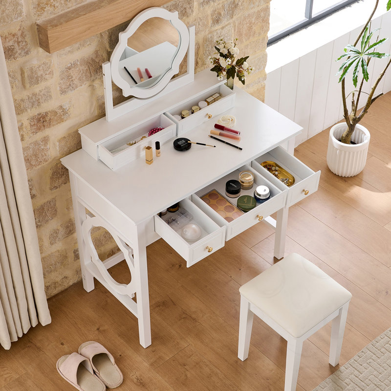 Makeup Vanity Table With Reversible Mirror And Stool
