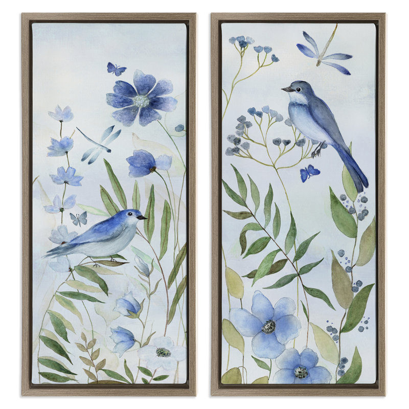 Ensemble de 2 toiles flottantes encadrées bleues avec fleurs et oiseaux, design par Janet Tava, H 25 po x l 11 po