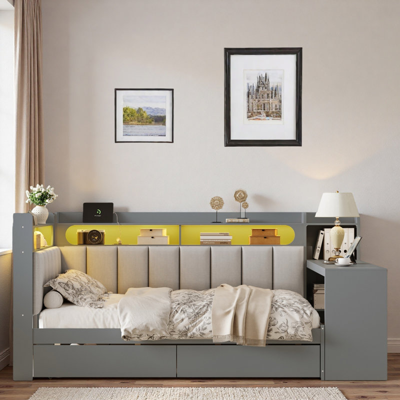 Upholstered Daybed With Storage Shelves, Drawers, Charging Station, Led Light And Desk, Gray