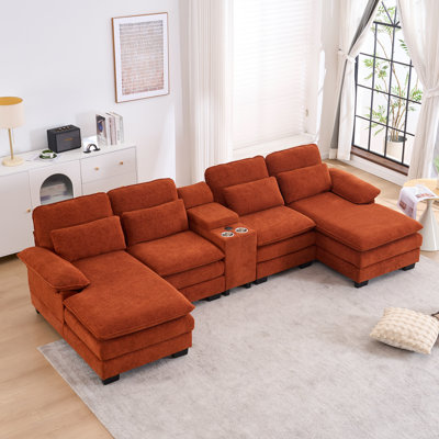 Wrought Studio™ Modern 124'' U-shaped sectional sofa, comfortable 4-seater sofa, living room cloud couch, with central console & cup holder and pillows