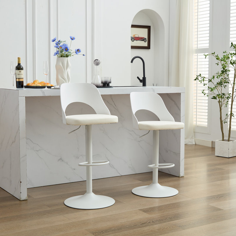 High Padded Swivel Adjustable Barstools(Set of 2), White/Silver