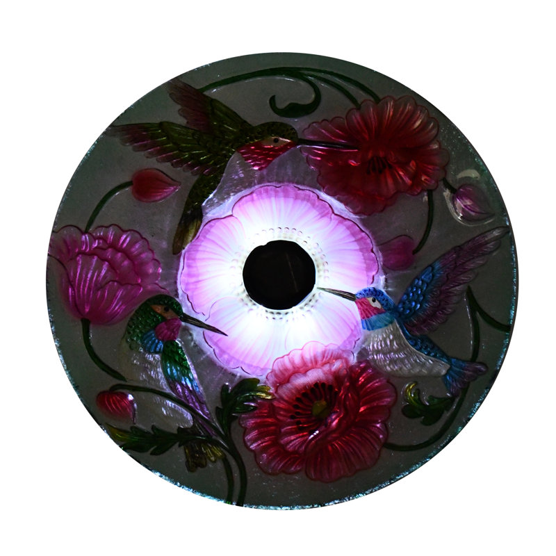 Solar LED Floral Glass Bird Bath with Metal Stand