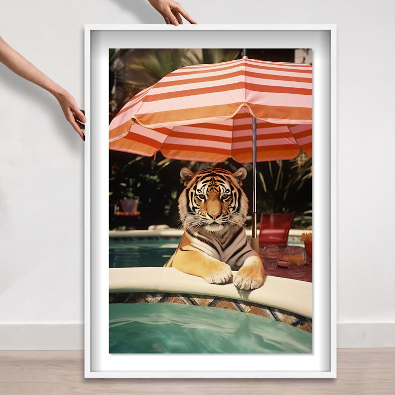 Oliver Gal Poolside Tiger Encounter Coastal - Luxury Shadowbox Framed Wall Art, White, 46.5" H x 31.5" W