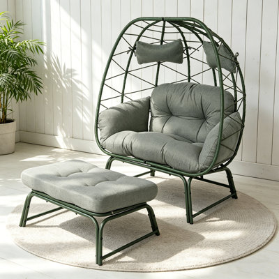 Double fauteuil de patio avec repose-pieds, fauteuil en osier d'extérieur avec coussin, fauteuil pour 2 personnes avec repose-pieds pour balcon, jardin et cour