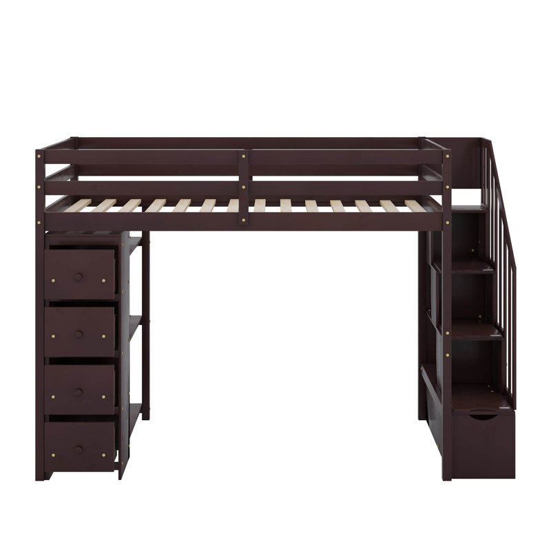 Lit mezzanine simple avec tiroirs de rangement, tablettes et escaliers, Espresso