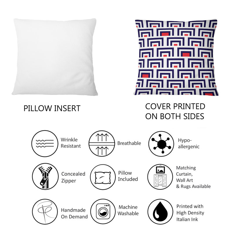 Coussin décoratif à motif géométrique bleu et rouge