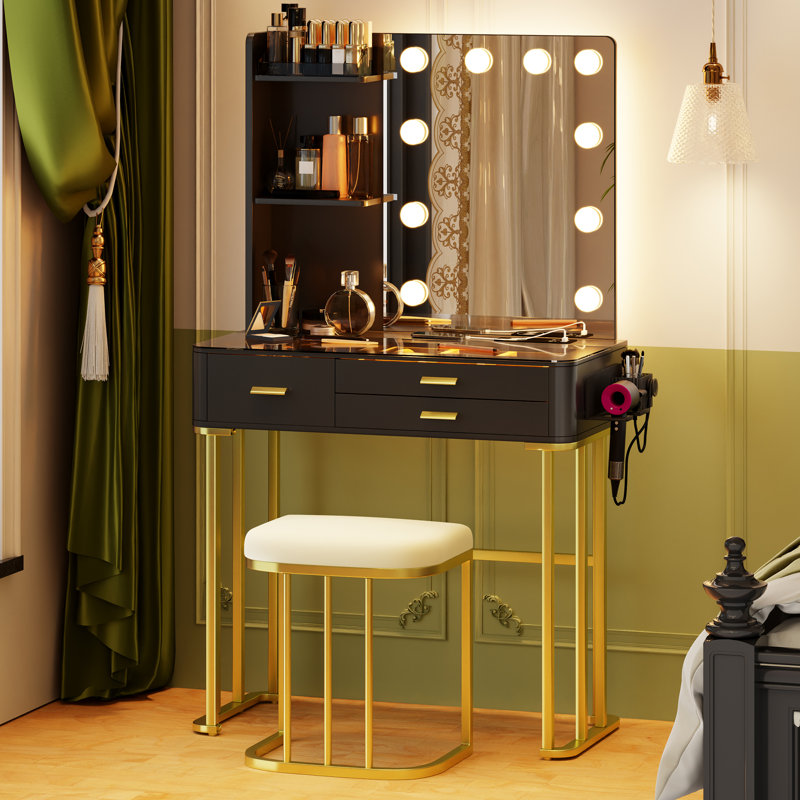 Dressing Table with Mirror, Black/Gold