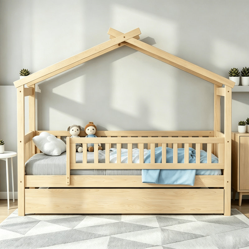 House Style Bed With Built In Trundle, Natural, Twin
