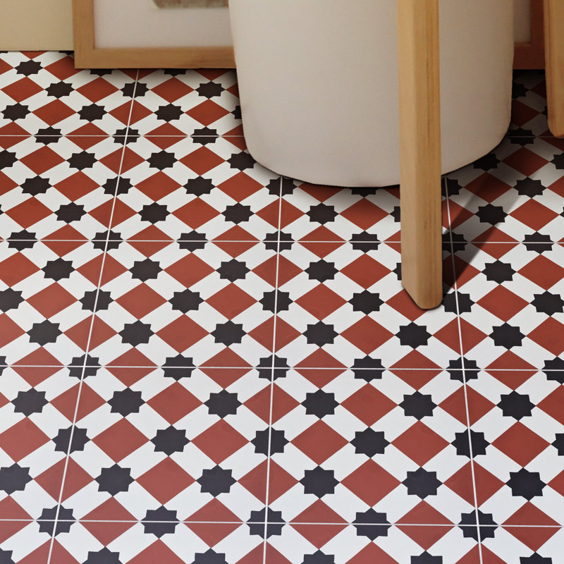 Ait Baha 8" x 8" Cement Patterned Wall & Floor Tile, Red/Black
