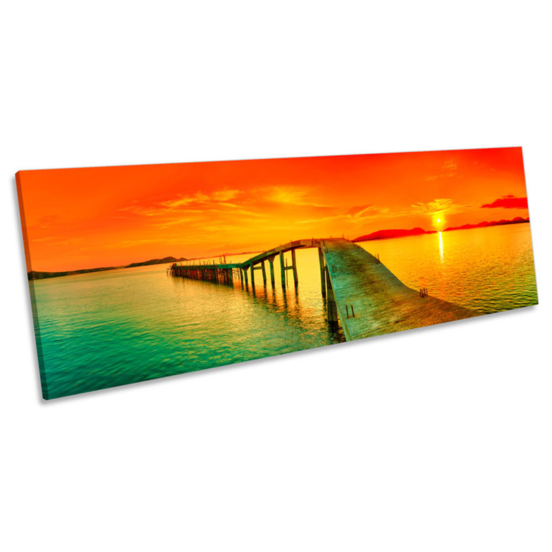 Sunset Pier Jetty Seascape - Wrapped Canvas Panoramic Print, 30.48cm H x 91.44cm W x 2cm D