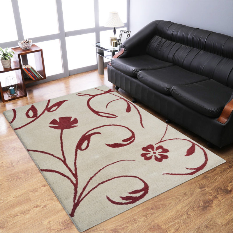 Tapis en laine touffetés à la main - Rectangle | Couleur rouge beige | Motif floral | Tapis de salon