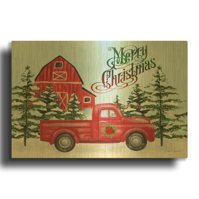 «Christmas Barn and Truck A» par Jean Plout, art mural en métal doré, 16 po x 12 po