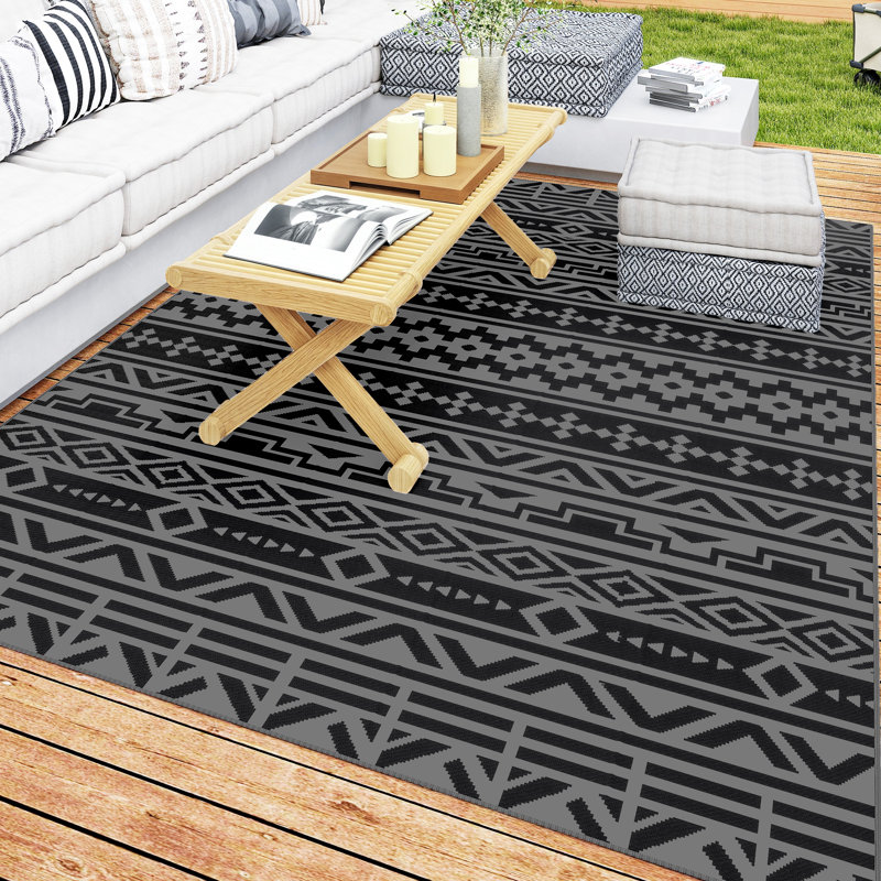 Tapis d'extérieur réversible en plastique, 1 pièce, noir, imperméable et résistant aux rayons UV et à la décoloration