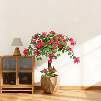 Arbre de bougainvillée artificiel 3 pi avec pot en plastique noir, plante à fleurs artificielle résistante aux rayons UV pour la décoration intérieure et extérieure