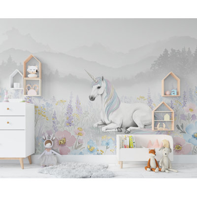 Unicorn Princess Flower Watercolor Wall Graphics Peel And Stick Girl Room Wallpaper Nursery Self Adhesive Rainbow Nursery Decor Mural  (Peel-N-Stick) 897DRS