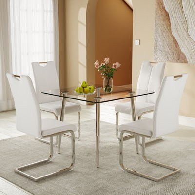 5-Piece 36 Inch Square Dining Table Set, Tempered Glass Top Table With 4 Upholstered Leather Dining Chairs, Modern Kitchen Dining Set For Small Space, Dining Room & Breakfast Nook