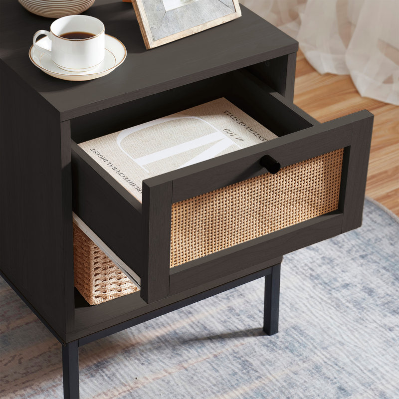Nestl Wooden Rattan Nightstand End Table with Drawer, Black, 2