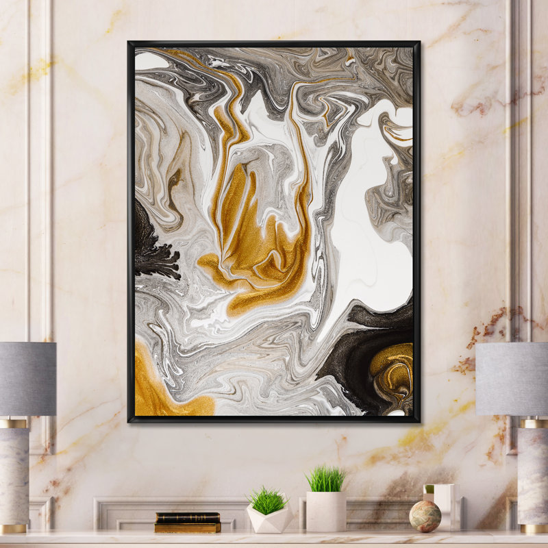 Vague de marbre doré et noir V - peinture sur toile, H 32 po x l 16 po x P 1 po, Cadre flottant noir
