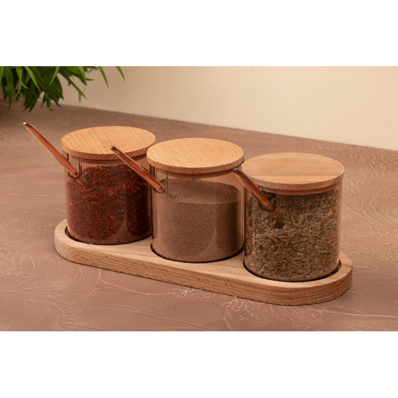 Ensemble de pots à épices et tablettes de cuisine (3 pots + 1 support), conception en plastique et en bois sans BPA, taille du pot: 2,8 x 2,8 x 3,5 pouces | Taille du support: 9,4 po x 3,1 po x 4,7 po | Va au lave-vaisselle, parfait pour le rangement organisé dans la cuisine
