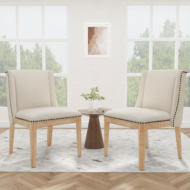 Modern Widen and Thicken Upholstered Dining Side Chair with Solid Wood Legs and Nailhead Trim, Light Gray