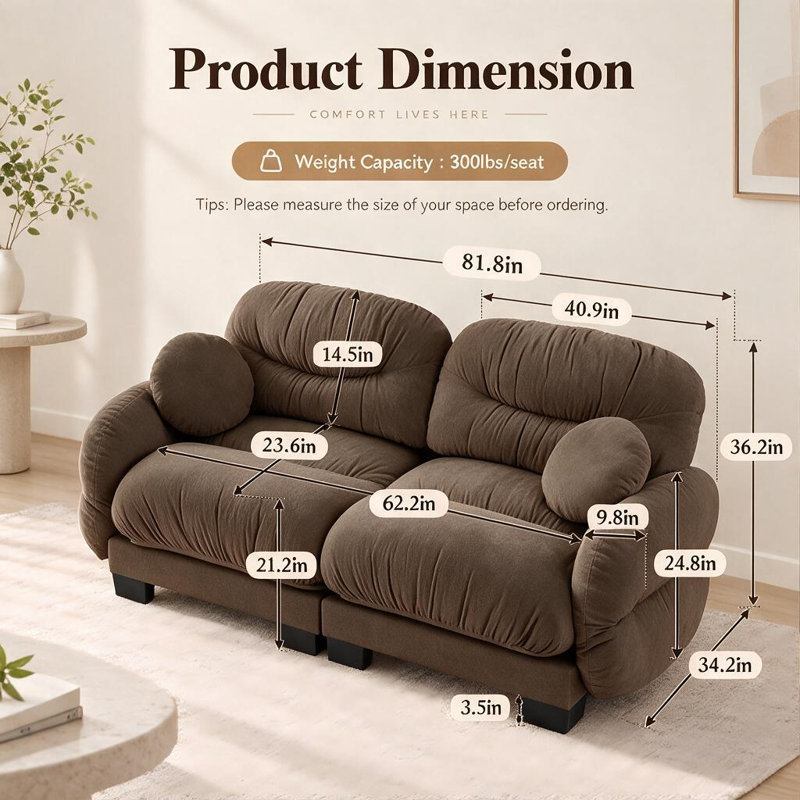 Canapé modulable deux places en chenille plissée avec siège ergonomique en mousse, accoudoirs incurvés et 2 coussins décoratifs