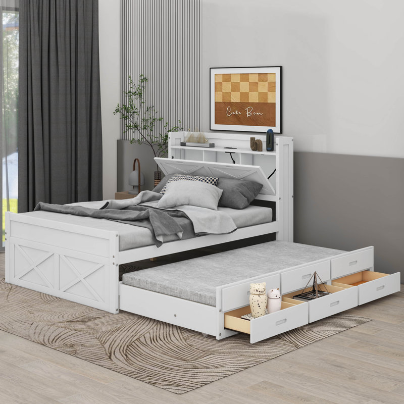 Full Size Wooden Extendable Bed With Storage Headboard, Outlets, Twin Size Trundle And Drawers, White