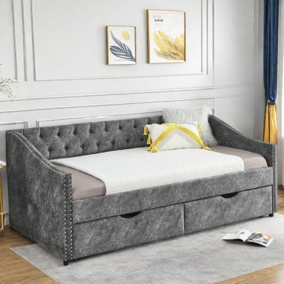Daybed With Drawers, Button On Back And Copper Nail On Waved Shape Arms