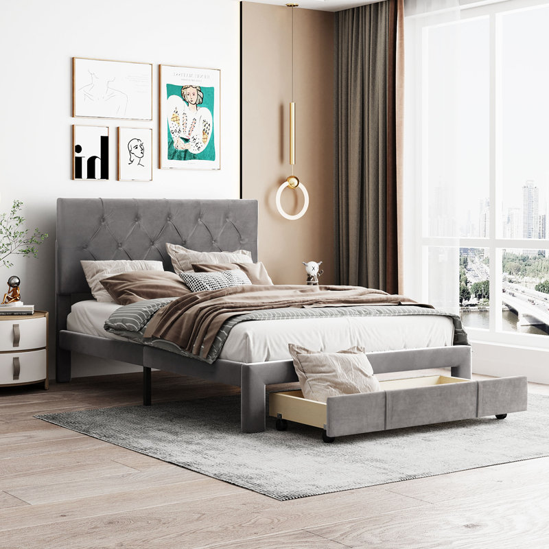Lit plateforme avec rangement et velours, Gris, Lit double