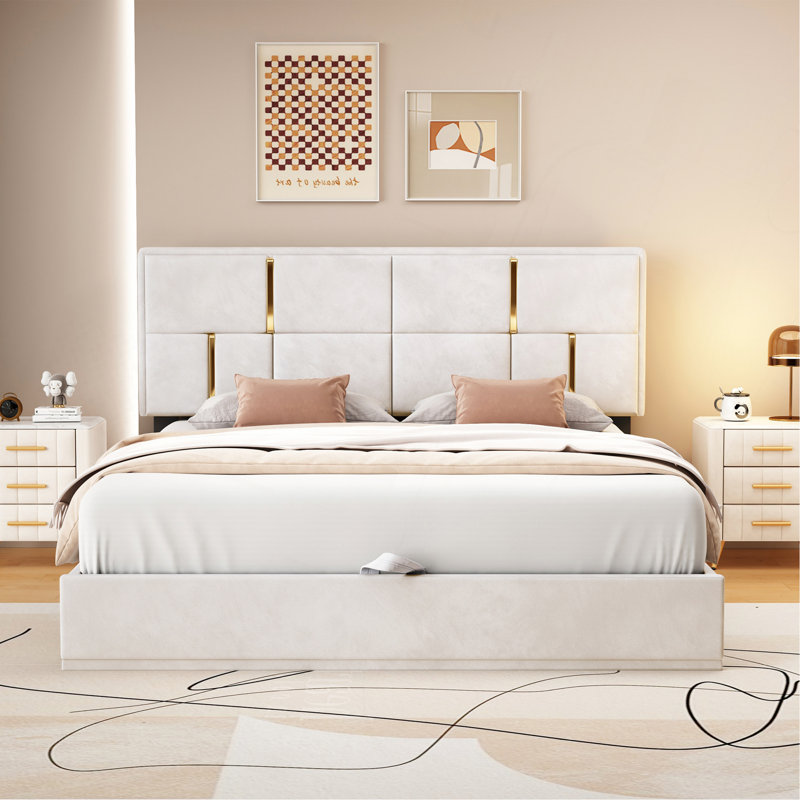 Grand lit plateforme tapissier avec système de rangement hydraulique, sans sommier tapissier, beige