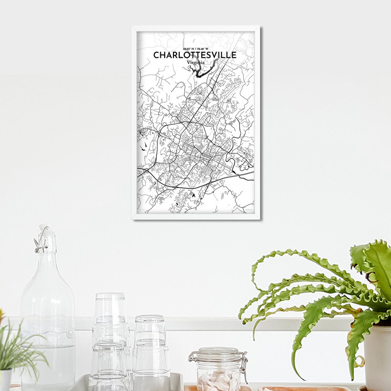 Charlottesville, carte de la ville, impression graphique, H 17 po x l 11 po x P 0,05 po, Noir / blanc