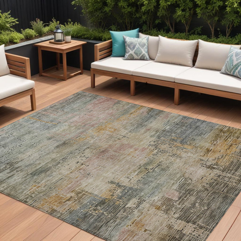 Tapis d'extérieur lavable abstrait 8 pi x 10 pi sauge et beige
