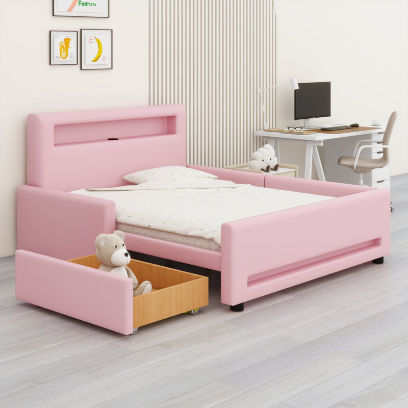 Lit plateforme moelleux avec tiroir de rangement, lumière DEL et port de charge USB, Rose