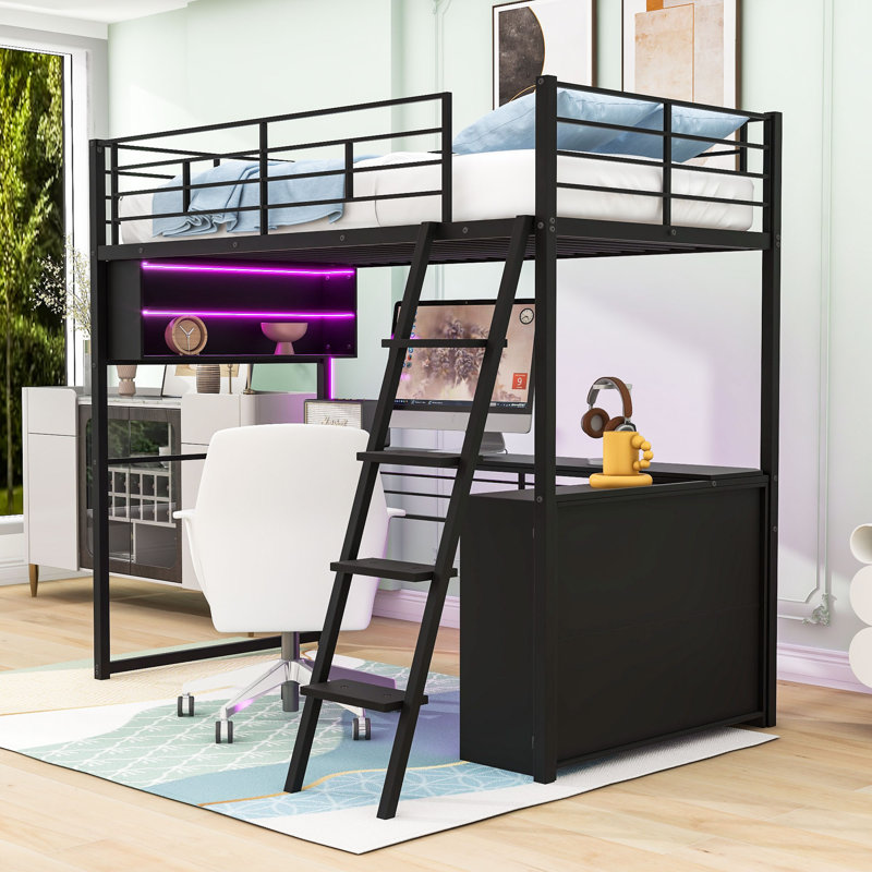 Lit mezzanine en métal avec lumières DEL, bureau intégré, tablettes et garde-corps, Simple