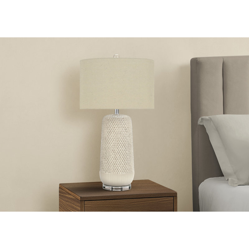 Table Lamp, 31 Inch Raised Texture Beige Ceramic, Ivory Linen Shade