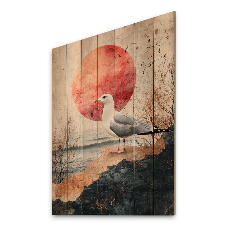Coastal Seagull Golden Rose Sunset Elegance II - Décoration murale en bois Seagull - sur bois de pin naturel