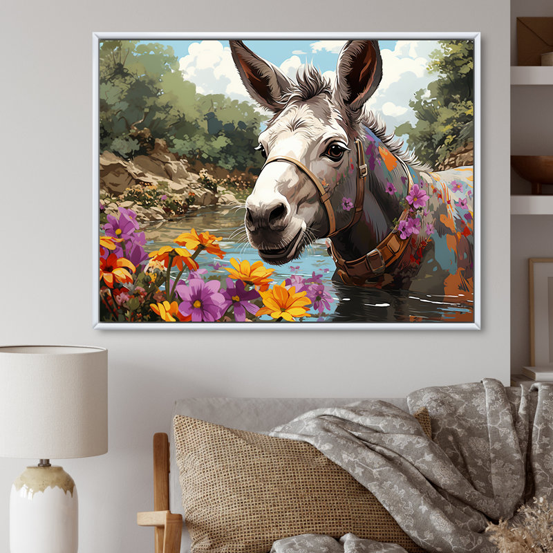 Farmhouse Donkeys Flower Charm III - âne, art mural, Cadre flottant blanc, H 12 po x l 20 po x P 1 po