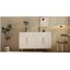 Buffet moderne blanc avec rangements, grand buffet aux bords ondulÃ©s et aux tablettes rÃ©glables, fauteuils, comptoir dÃ©coratif