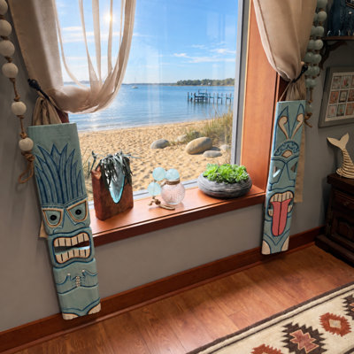 Tropical Tiki set of 2 distressed aqua wood hand-carved face wall plaques, each 39 inches high