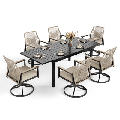 Kerrie Rectangular Outdoor Dining Set With Swivel Chairs & Cushions