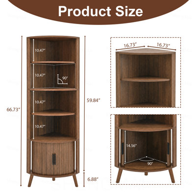 Étagère d'angle à 5 niveaux, bibliothèque d'angle de 67 po de hauteur, étagère d'angle autoportante en bois avec portes coulissantes et tablettes ouvertes, gain de place, armoire de rangement d'angle moderne pour le salon, la cuisine, le bureau