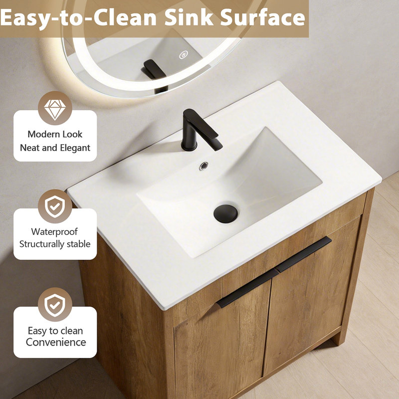 meuble-lavabo sur pied avec panneau rainuré 3D et lavabo en céramique intégré, Chêne doré