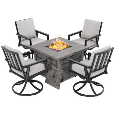 5-piece Outdoor Fire Pit Set With Swivel Dining Chairs, Zippered Cushions, 35in Propane Gas Fire Pit Table With Removable Lid 50,000 Btu And Glass Beads, For Garden Poolside Backyard, Black And Gray