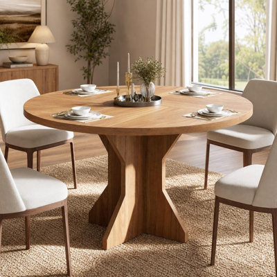 47" Round Dining Table, Kitchen Table for 4-6 People, Circle Tables with Sturdy Pedestal Base, Space Saving Dinning Room Furniture for Living Room, Kitchen, Brown