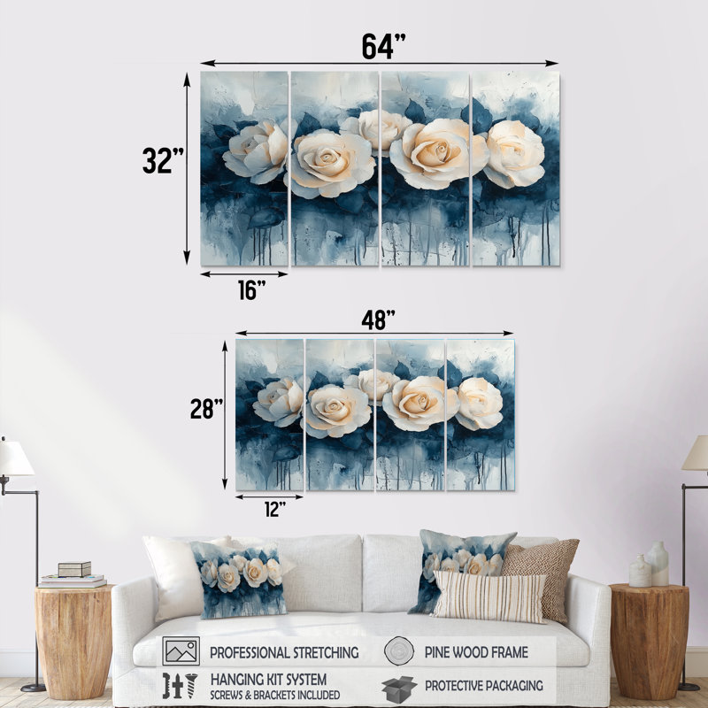 Atkinson - Roses, art mural - ensemble d'art mural moderne, 4, H 28 po x l 48 po