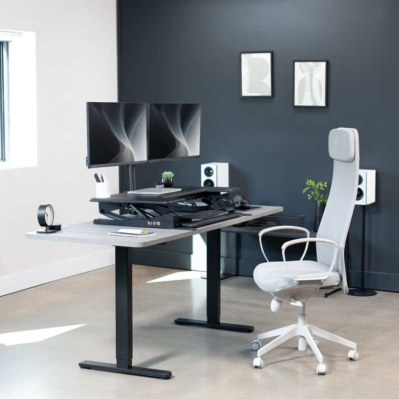 Black Adjustable Standing Desk Converter with Dual Monitor Mount