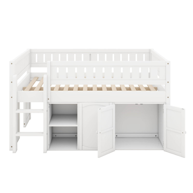 Lit mezzanine double avec armoire de rangement et tableau noir, structure en bois robuste, conception peu encombrante, Blanc