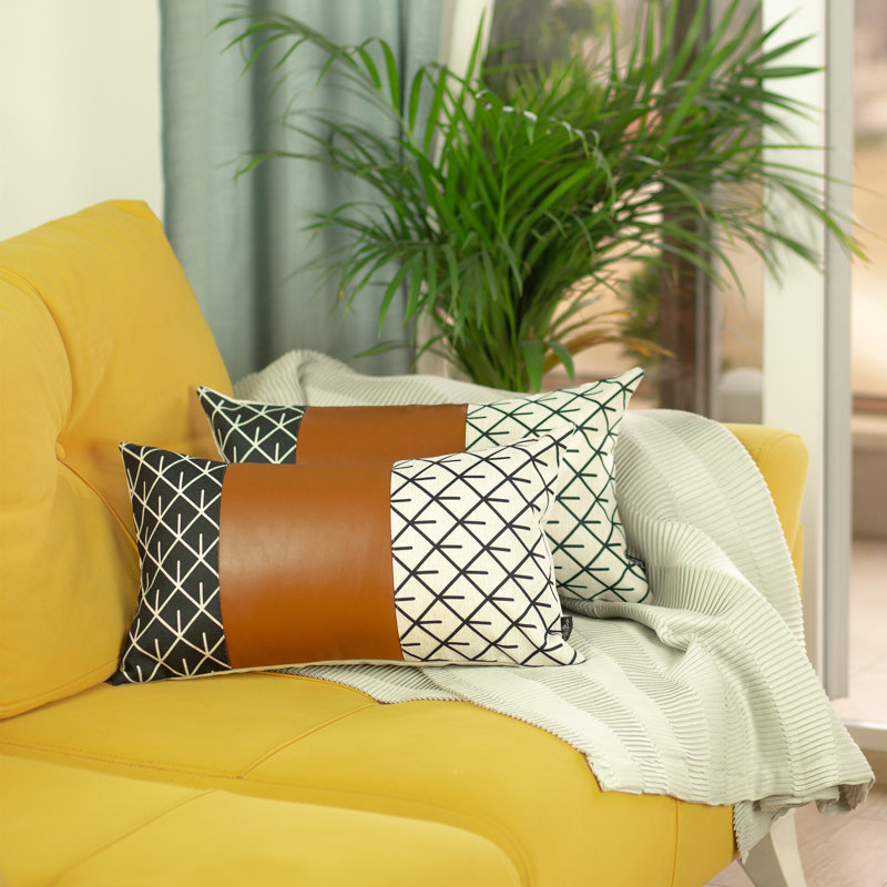 Boho Brown and Ivory Geometric Vegan Leather Lumbar Pillow Covers, 12" x 20", Set of 2
