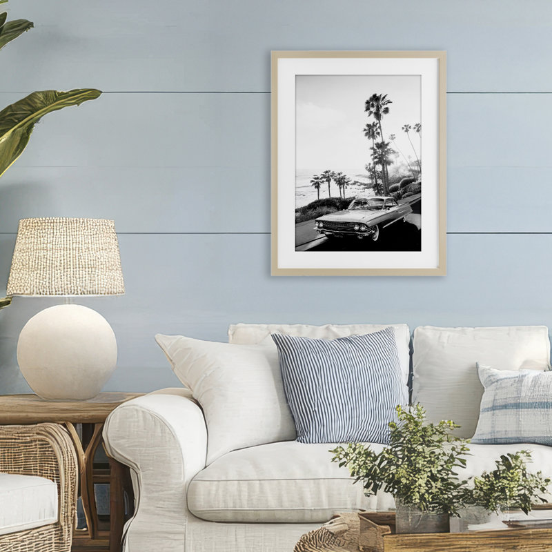 Reproduction sous verre Malibu, H 23 po x l 17 po, Cadre de récolte en pin