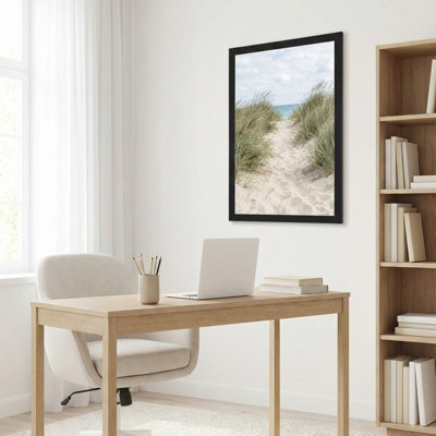Toile noire encadrée en bois noir pour le salon, la chambre à coucher, le bureau ou le vestibule - décoration murale décorative avec chemin de plage