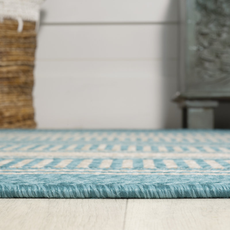 Gargatha Modern Double Stripe Aqua/Beige Indoor/Outdoor Rug, Rectangle 7'10" x 10'